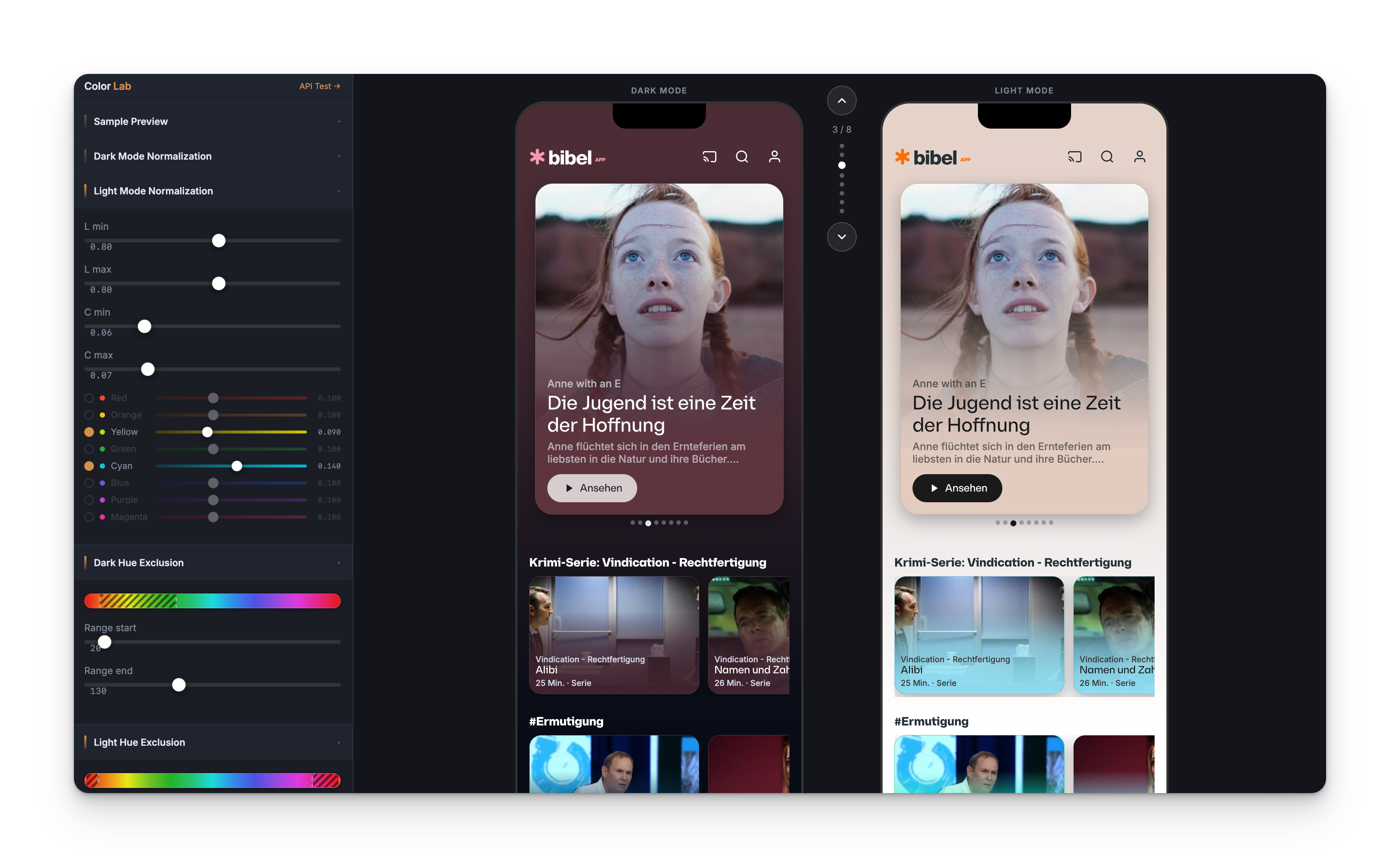 Bibel TV Color Lab mit Konfiguration und Vorschau für helle und dunkle App-Themes